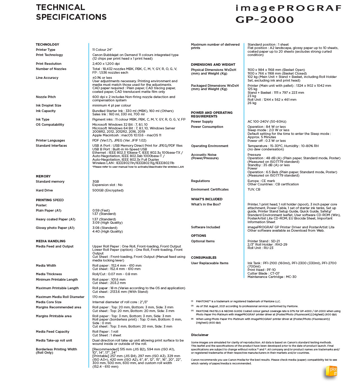 Canon imagePROGRAF GP-2000 TECH SPECS