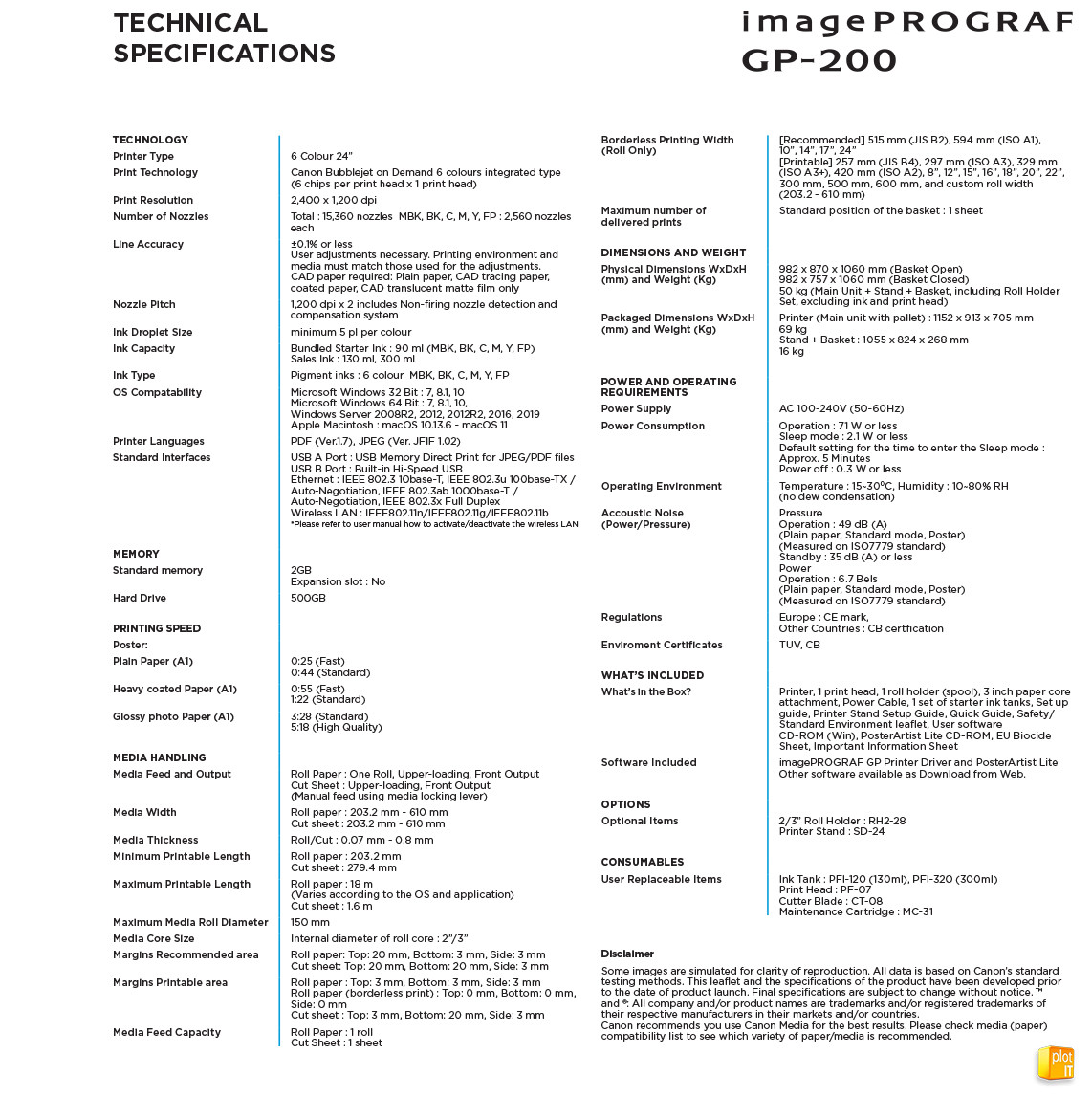 Canon imagePROGRAF GP-200 TECH SPECS