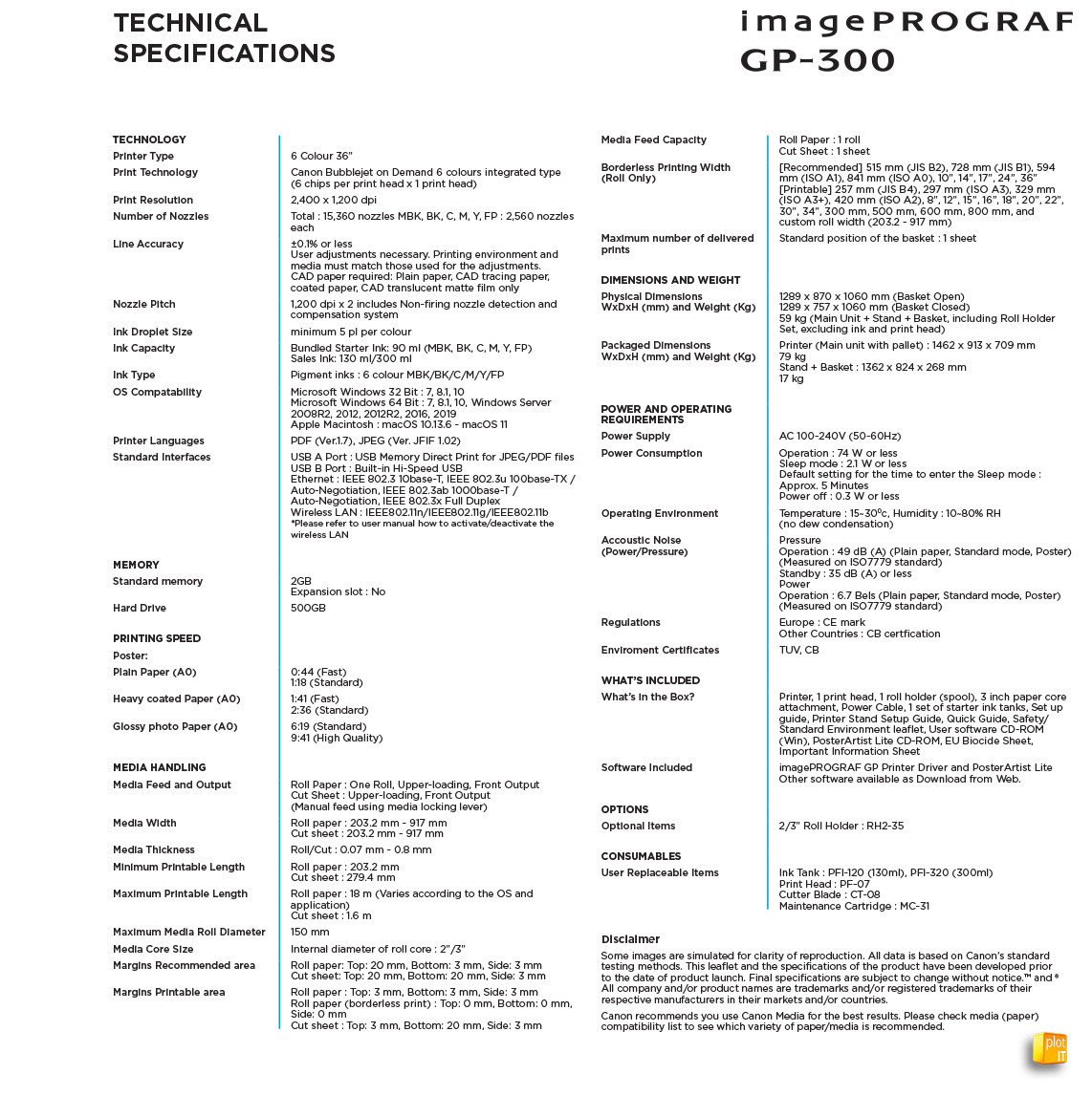 Canon imagePROGRAF GP-300 TECH SPECS