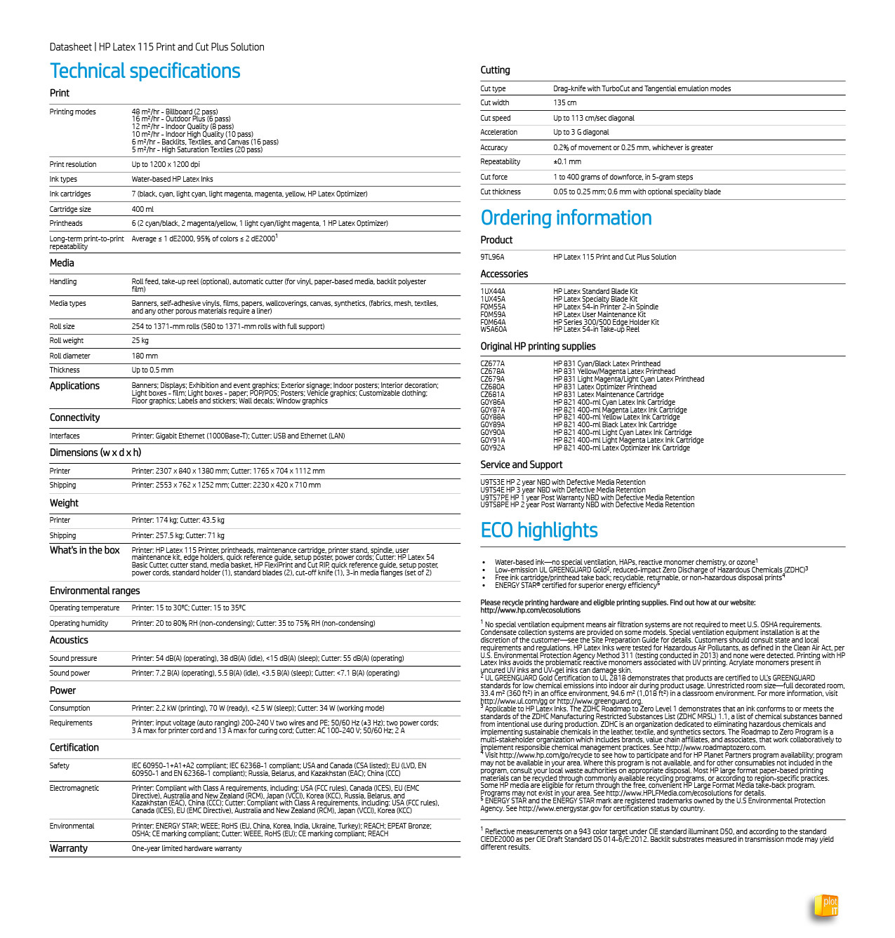 HP LATEX 115 PRINT and CUT TECH SPECS