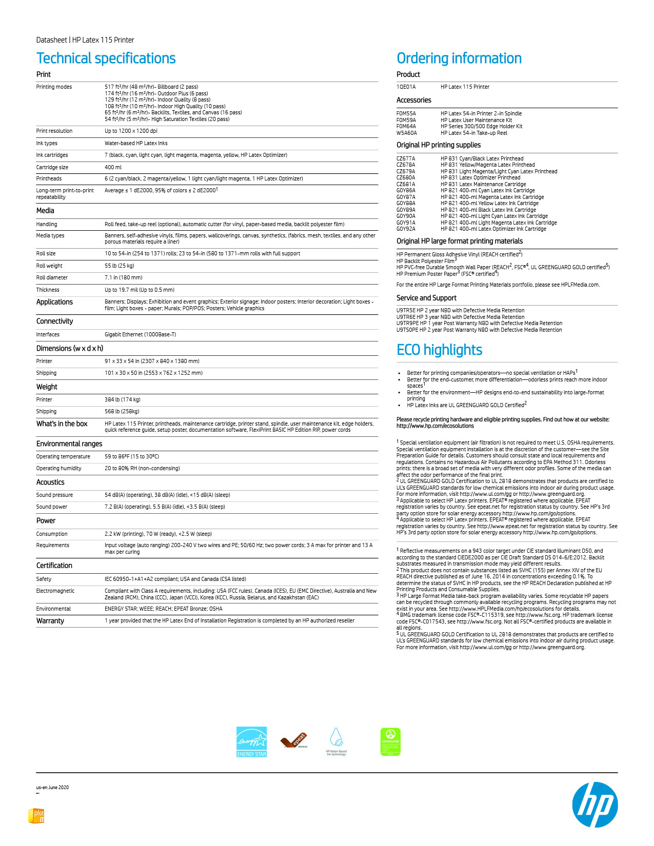 HP LATEX 115 TECH SPECS