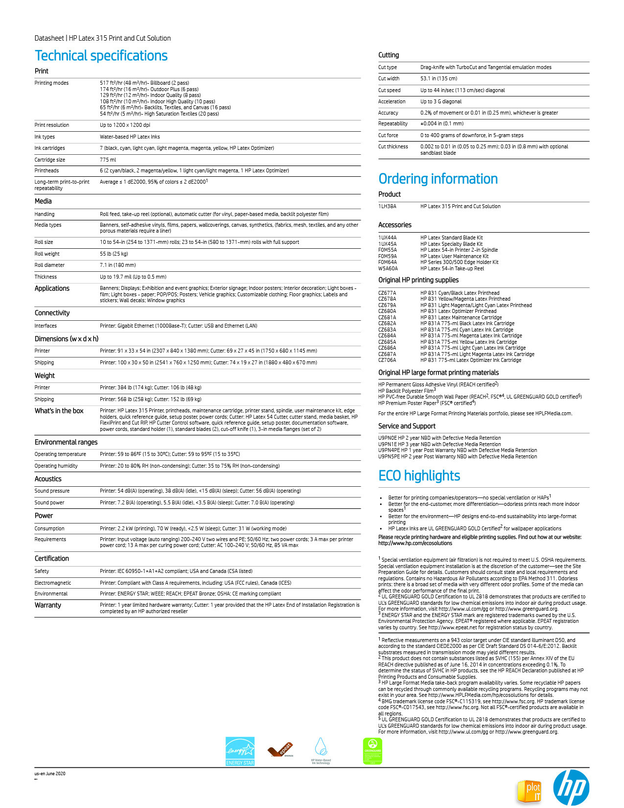 HP LATEX 315 PRINT and CUT TECH SPECS