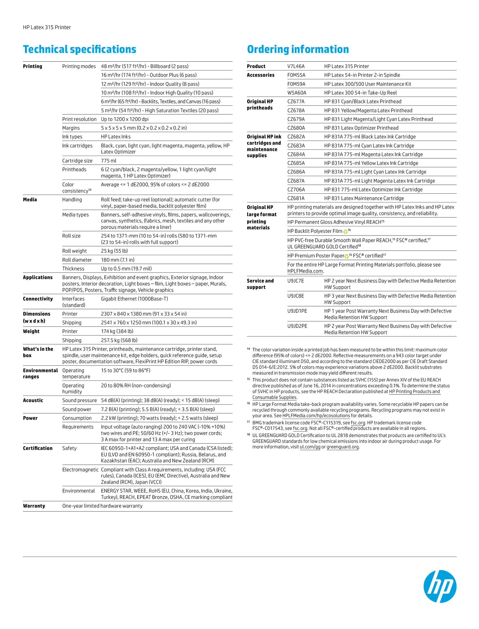 HP LATEX 315 Tech Specs