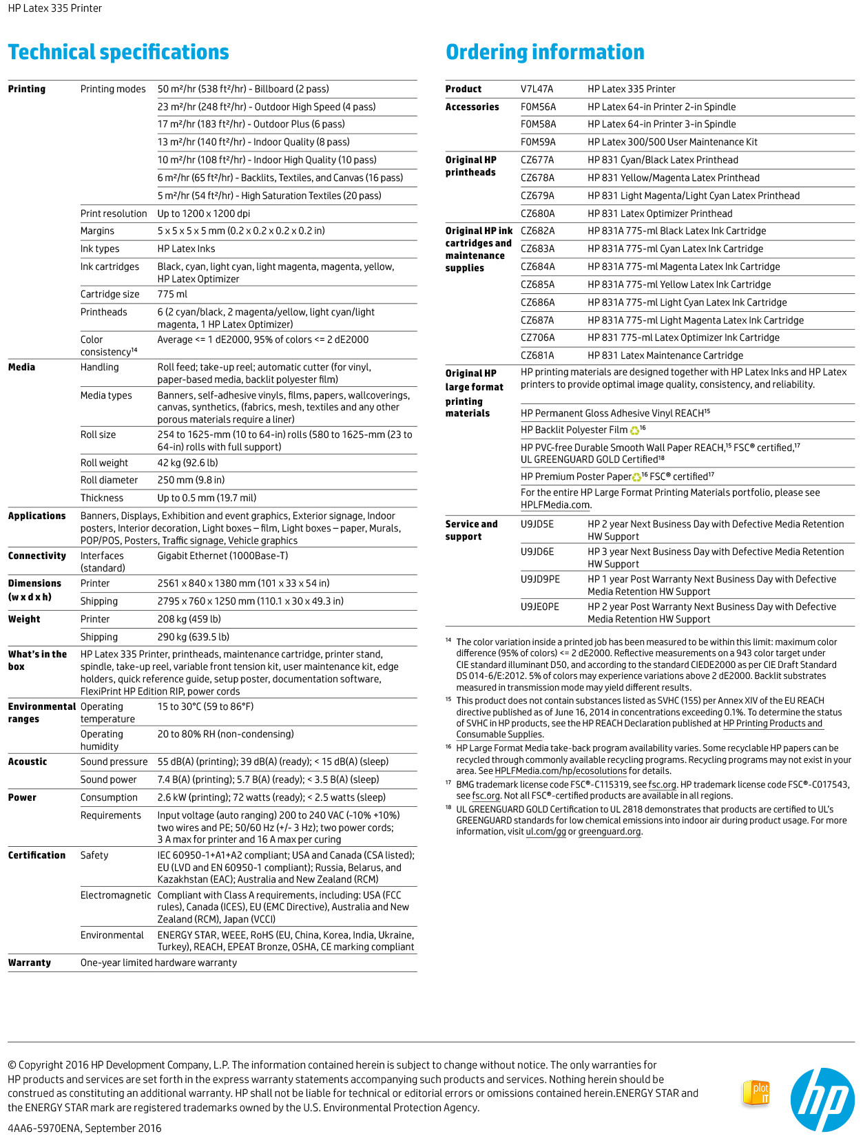 HP LATEX 335 TECH SPECS