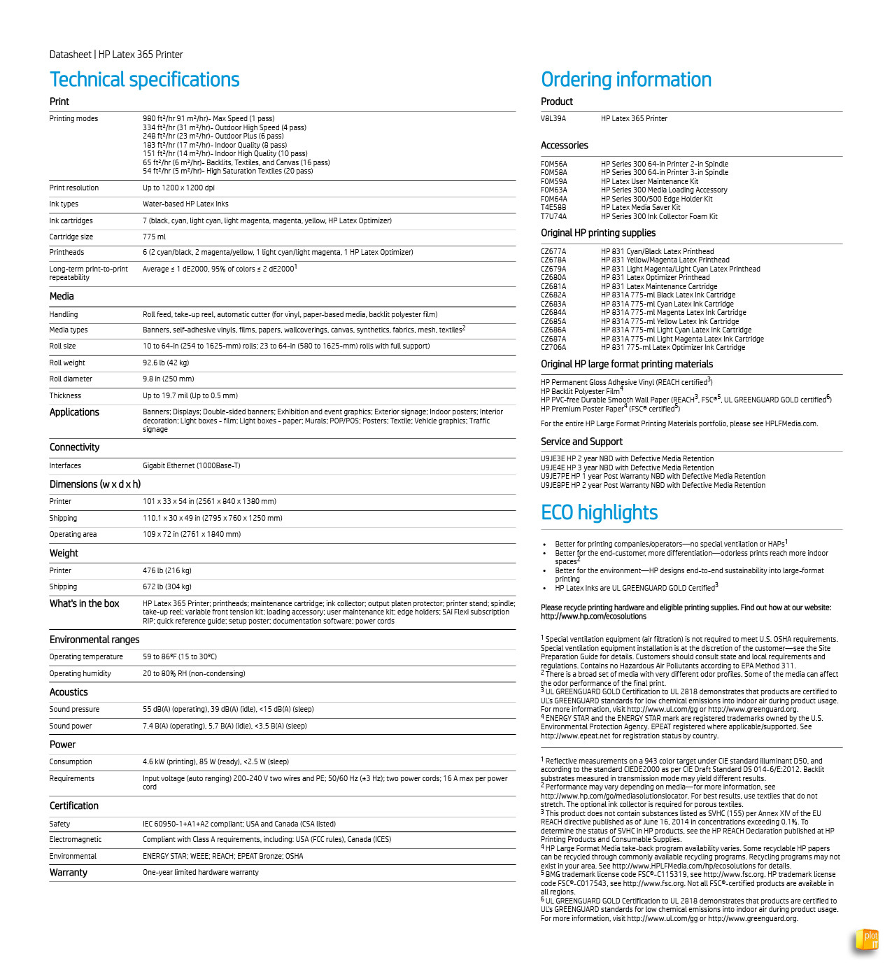 HP LATEX 365 TECH SPECS