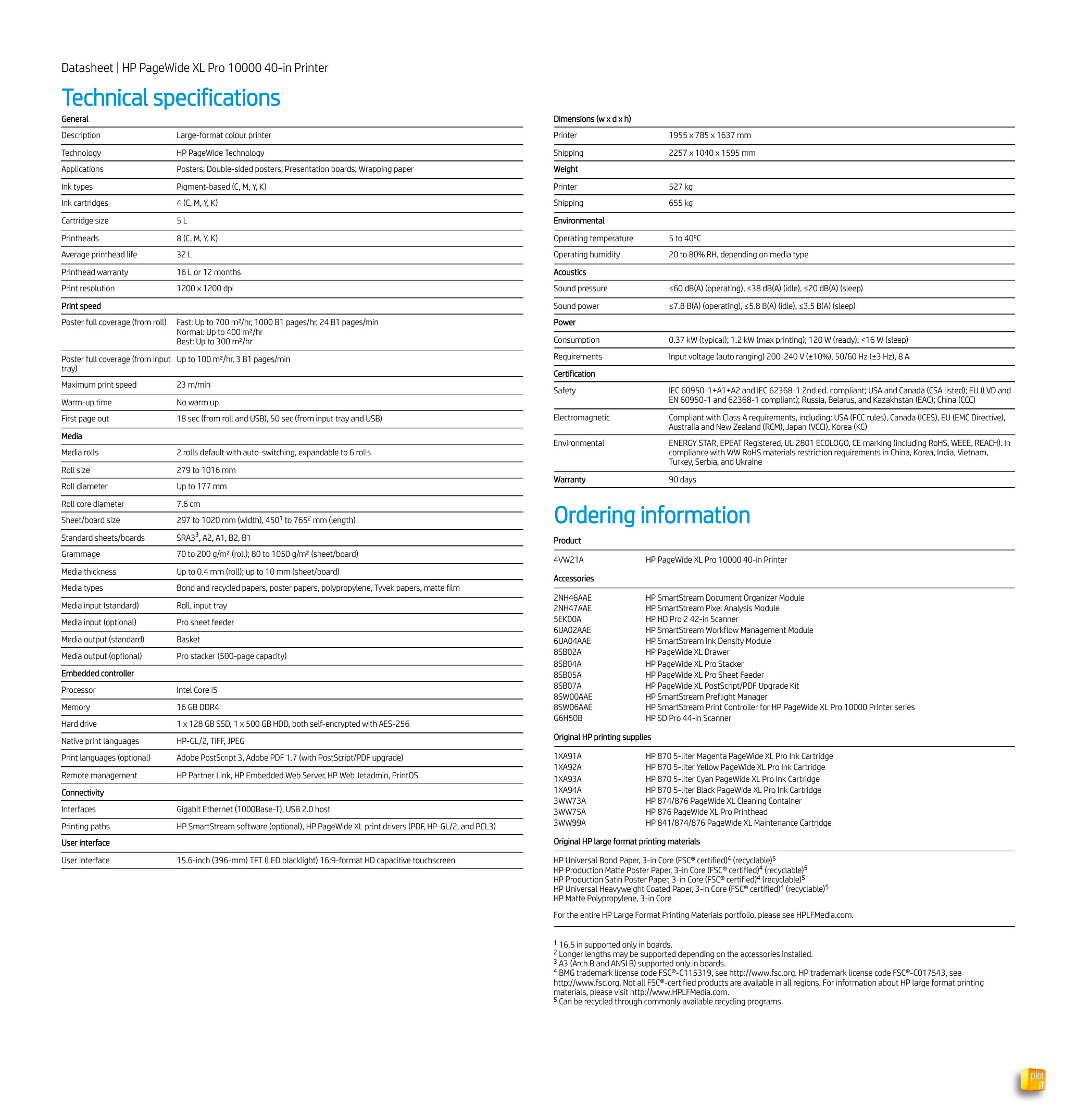 HP PageWide XL Pro 10000 TECH SPECS