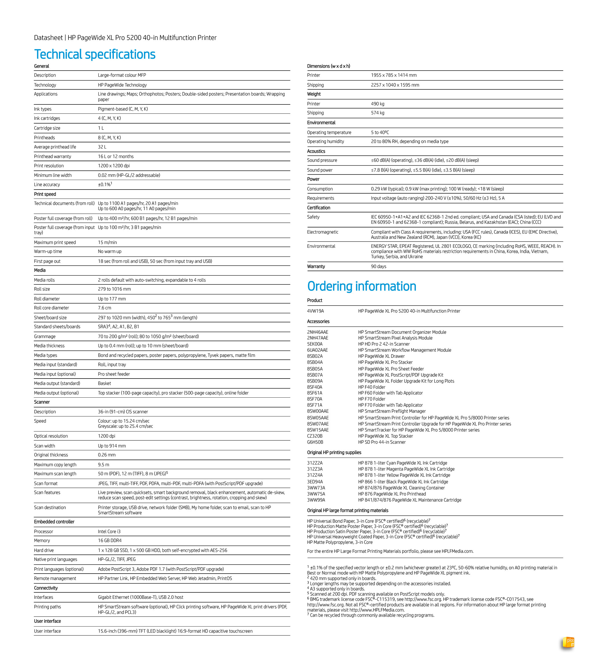 HP PageWide XL Pro 5200 TECH SPECS