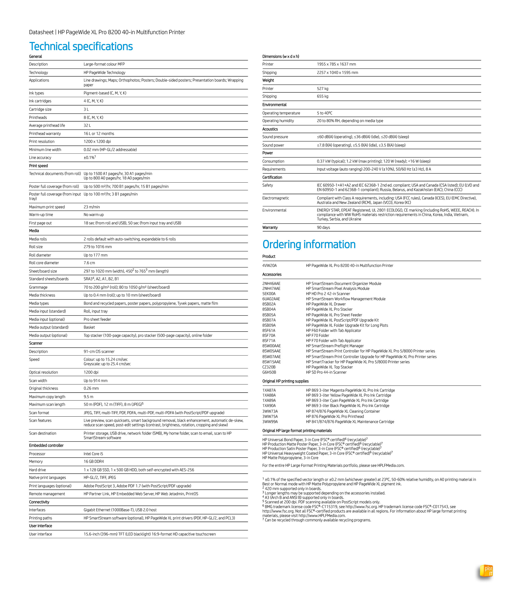 HP PageWide XL Pro 8200 TECH SPECS