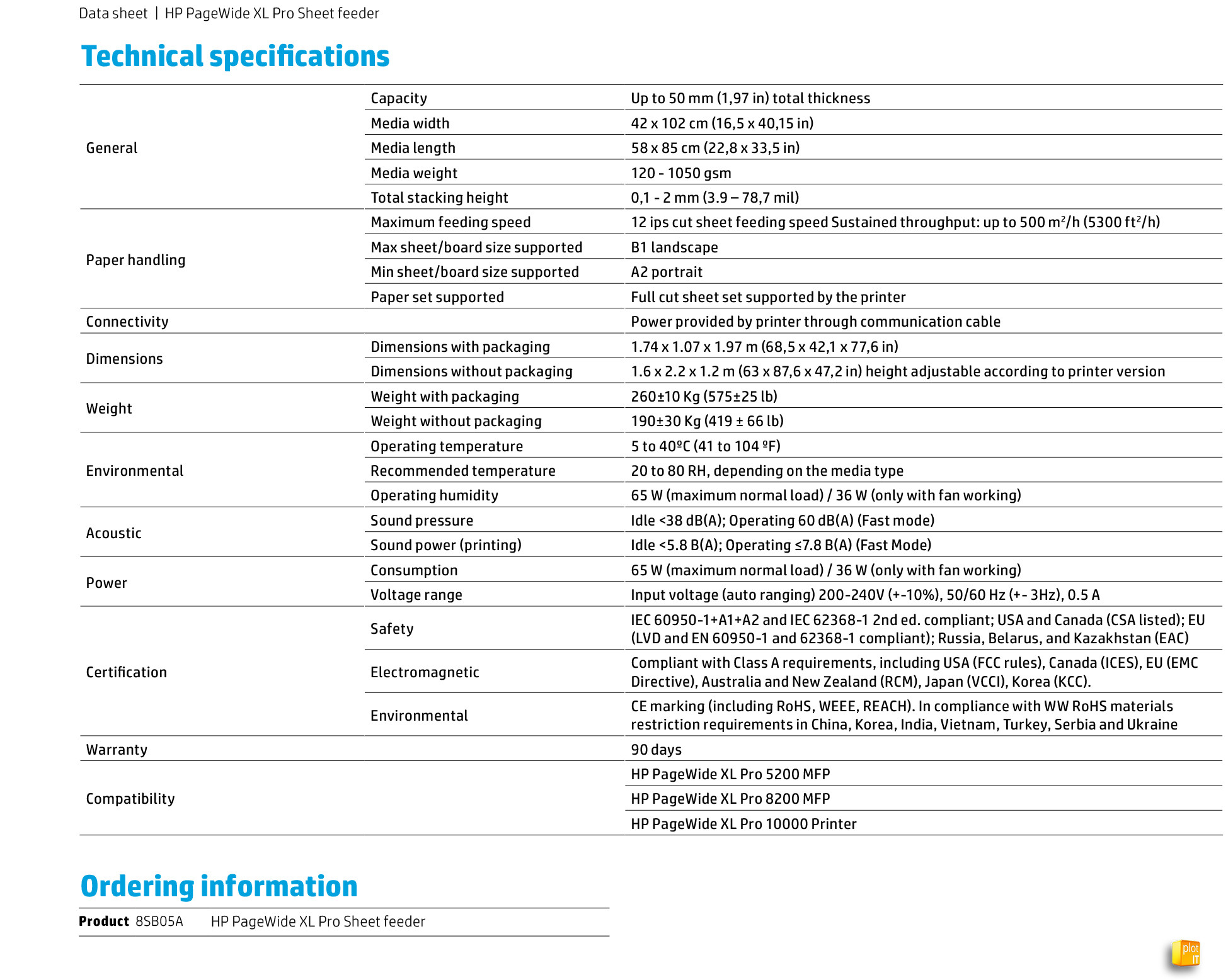 HP PageWide XL Pro Sheet feeder TECH SPECS