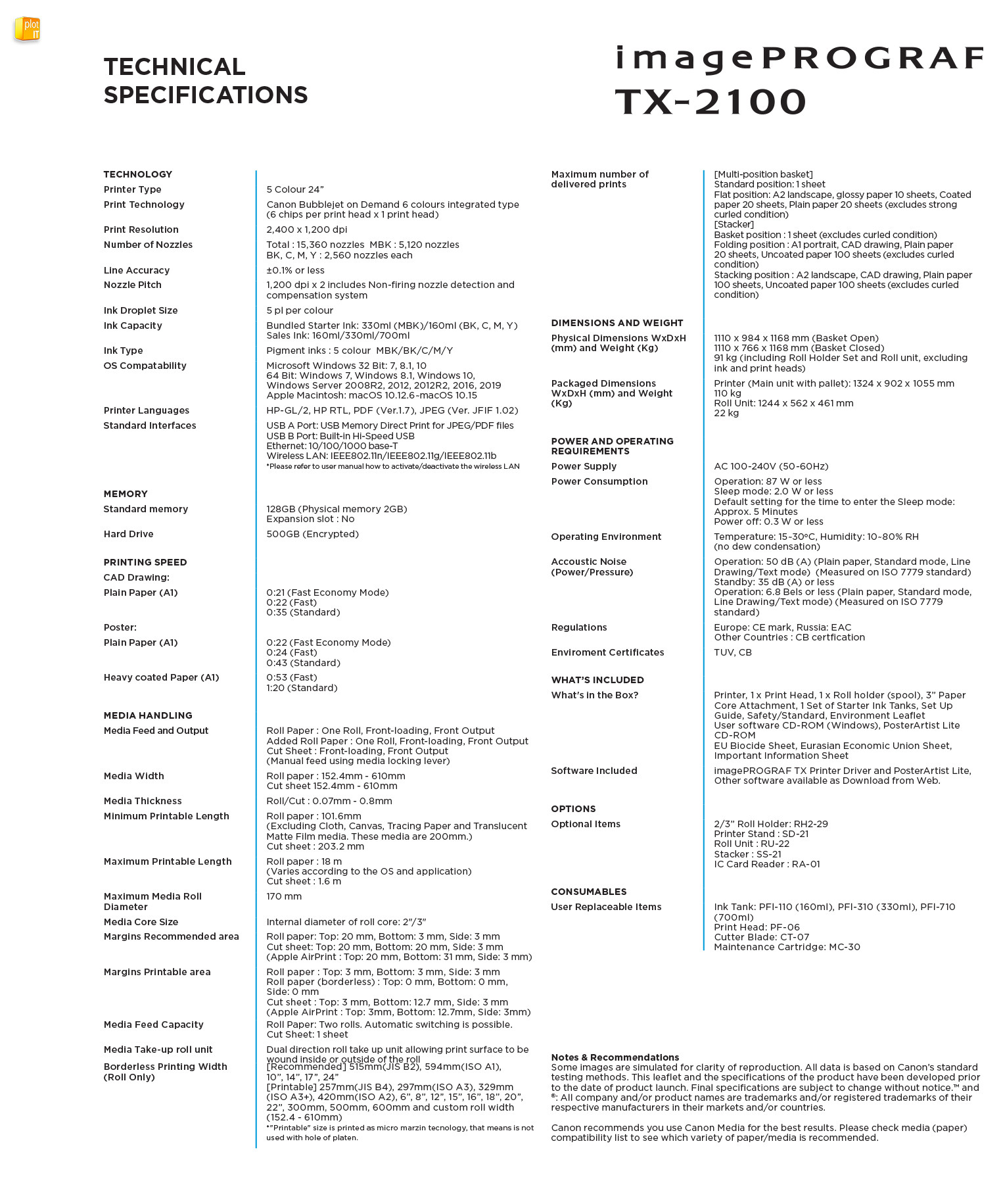 TX-2100 TECH SPECS