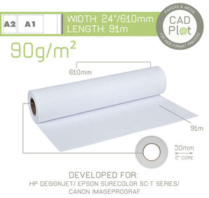 CAD Plot Inkjet Plotter Paper 90g/m² 24" 610mm x 91m roll (2" core)