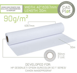 CAD Plot Inkjet Plotter Paper 90g/m² 42" 1067mm x 50m roll (2" core)