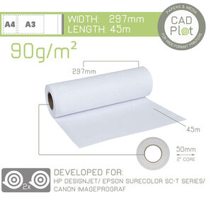 CAD Plot 90 Inkjet Plotter Paper 90g/m² A3 297mm x 45m roll (2" core) (BOX 2)
