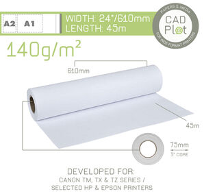 CAD Plot Inkjet Plotter Paper 140g/m² 24" 610mm x 45m roll (3" core)