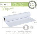 CAD Plot 80 841mm x 175mtr Plan Copier Paper Roll