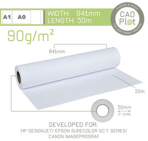 CAD Plot Inkjet Plotter Paper 90g/m² 33" 841mm x 50m roll (2" core)