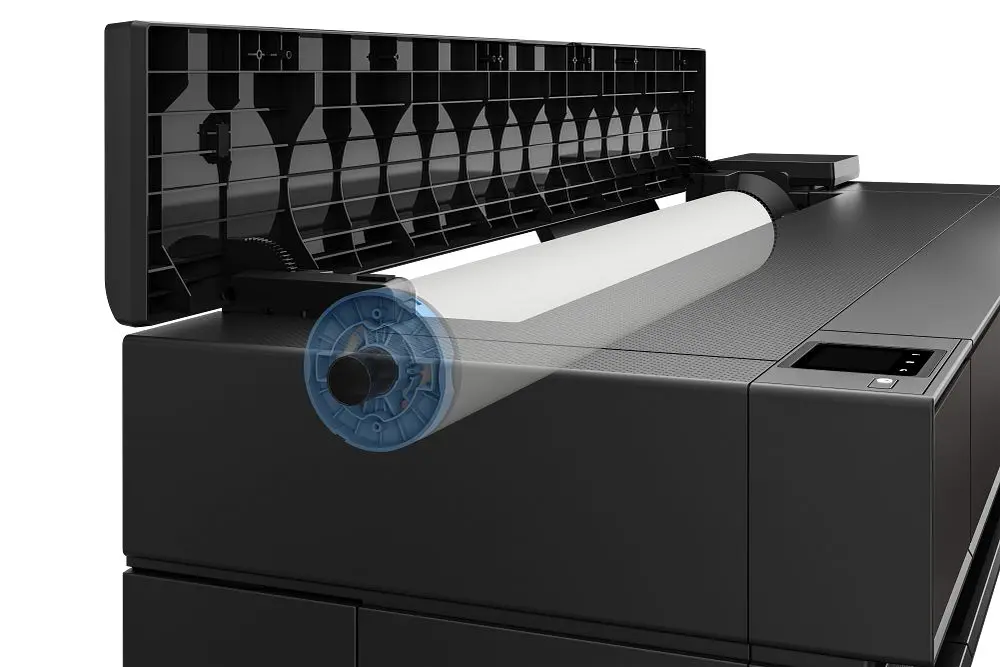 Close up of loaded paper media spindle in A0 designjet plotter