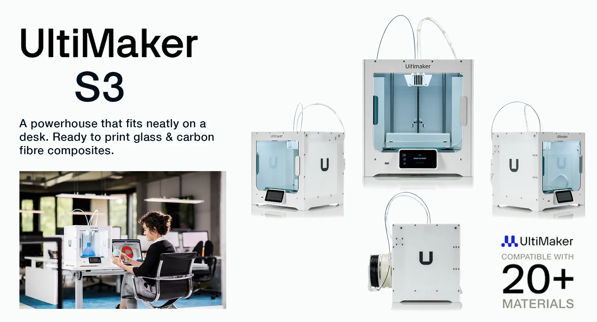 ULTIMAKER 3 MAIN BANNER showing lifestyle image and different angle views