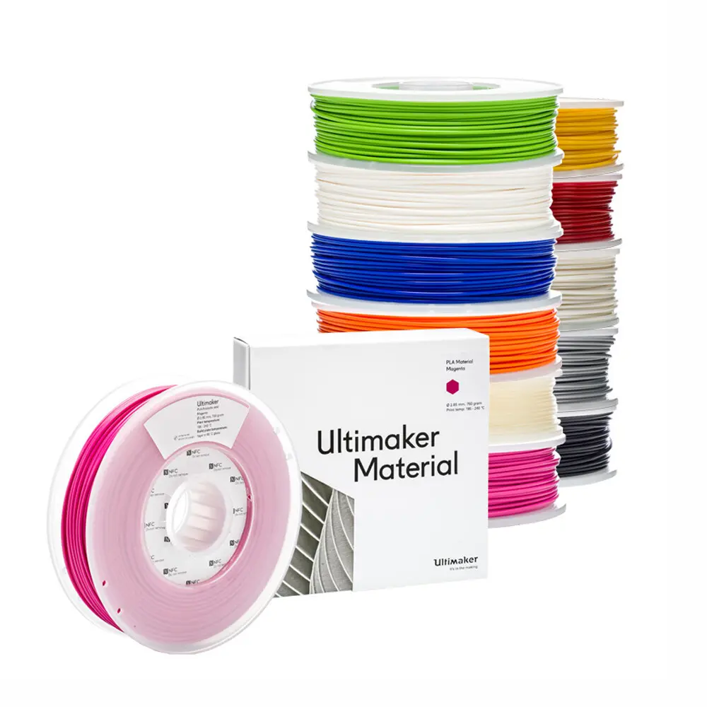 Spools of Ultimaker 3D printer filament in various colours