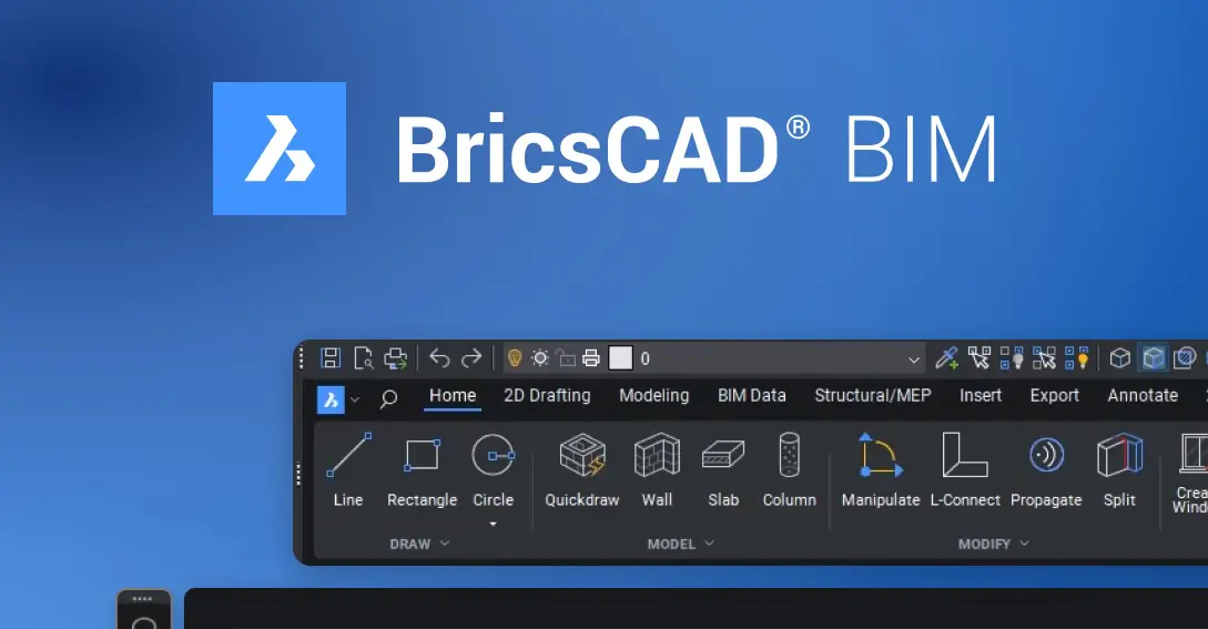 BricsCAD BIM software interface showing 3D building model