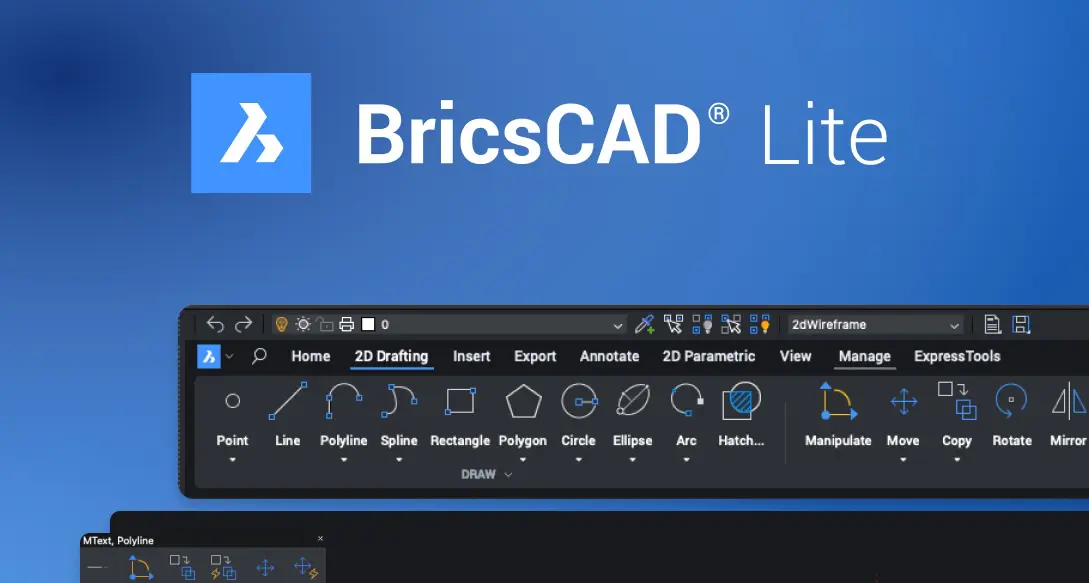 BricsCAD Lite interface displaying 2D drafting tools