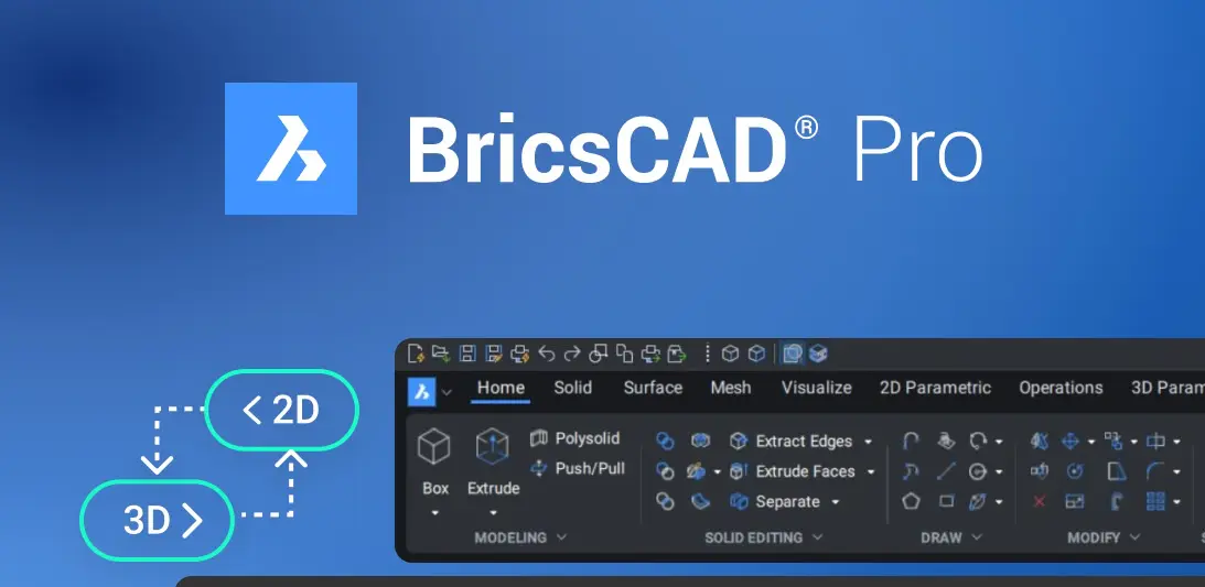 BricsCAD Pro logo with text highlighting professional 2D and 3D CAD drafting and modeling software.