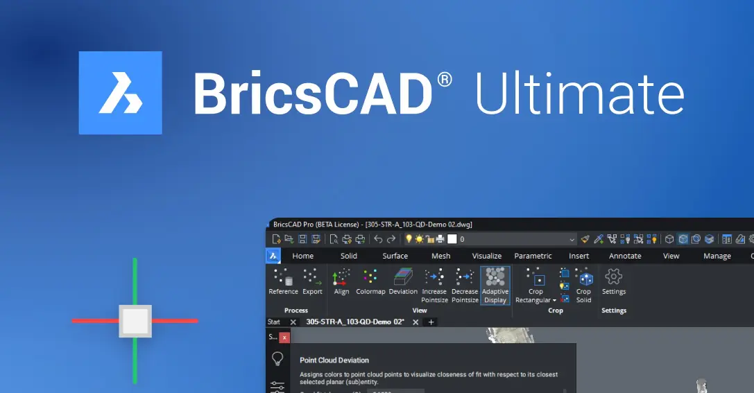 BricsCAD Ultimate banner featuring the BricsCAD logo, sleek geometric design elements, and text highlighting advanced CAD features and ultimate design capabilities.