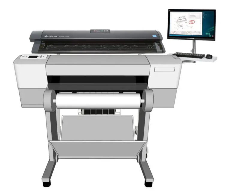 colortrac scanner shown over a printer to make an mfp system with screen