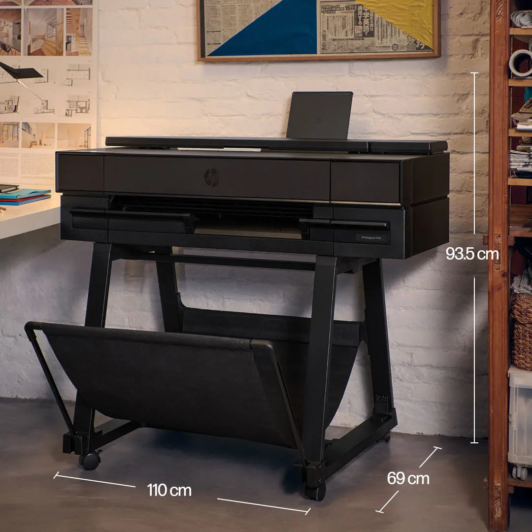 HP T870 A1 Printer in a room setting showing the product dimensions