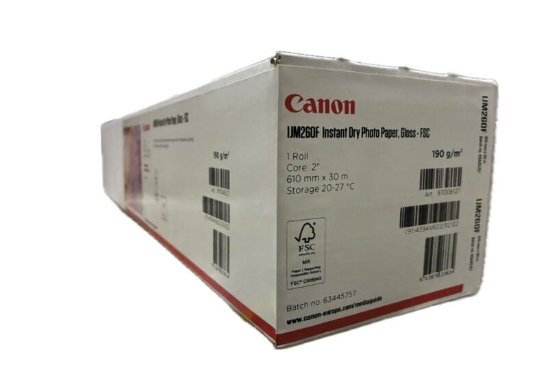 Canon IJM260F, label shows storage conditions, dimensions and FSC certification