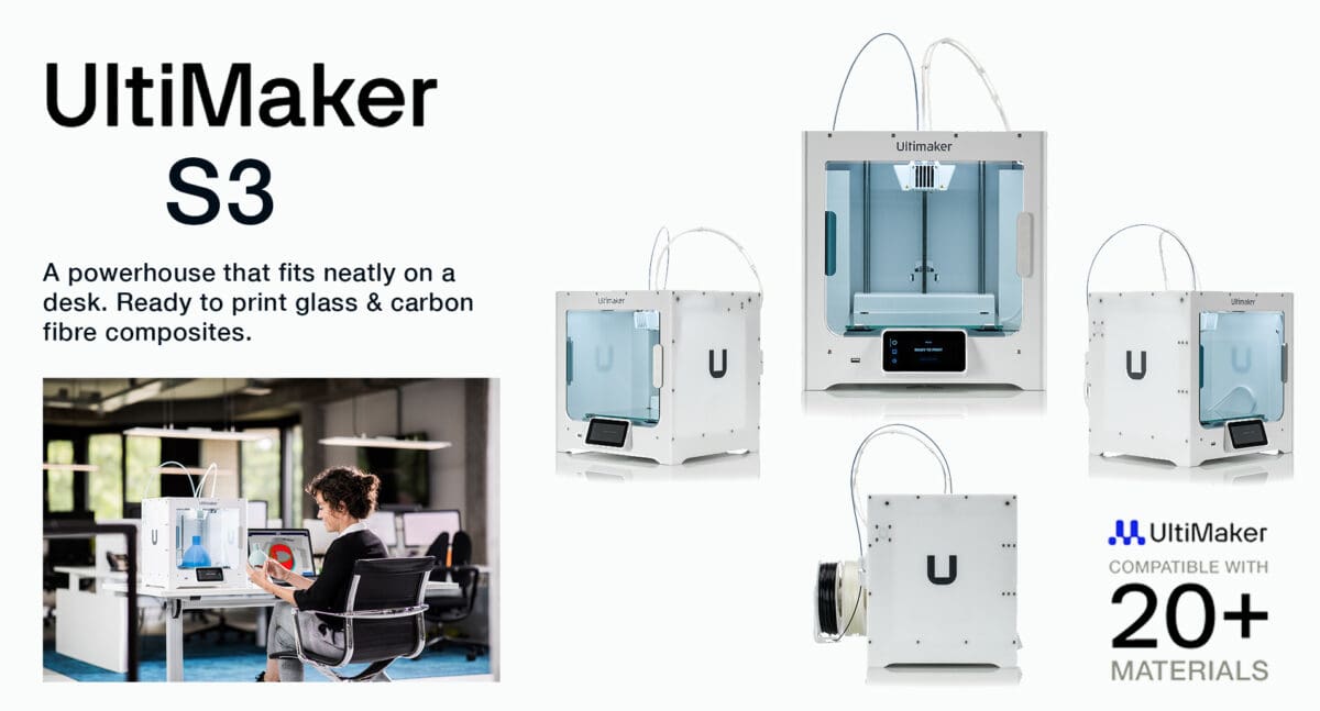 ULTIMAKER 3 MAIN BANNER showing lifestyle image and different angle views
