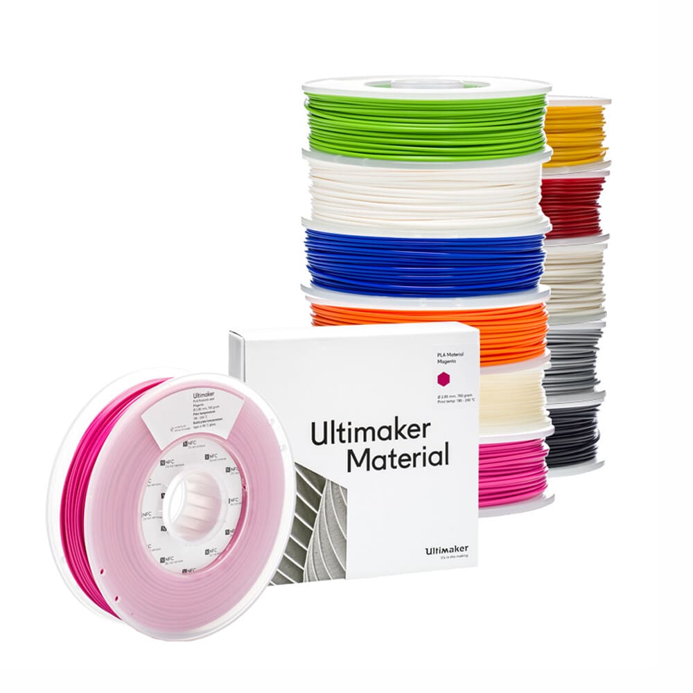 Spools of Ultimaker 3D printer filament in various colours