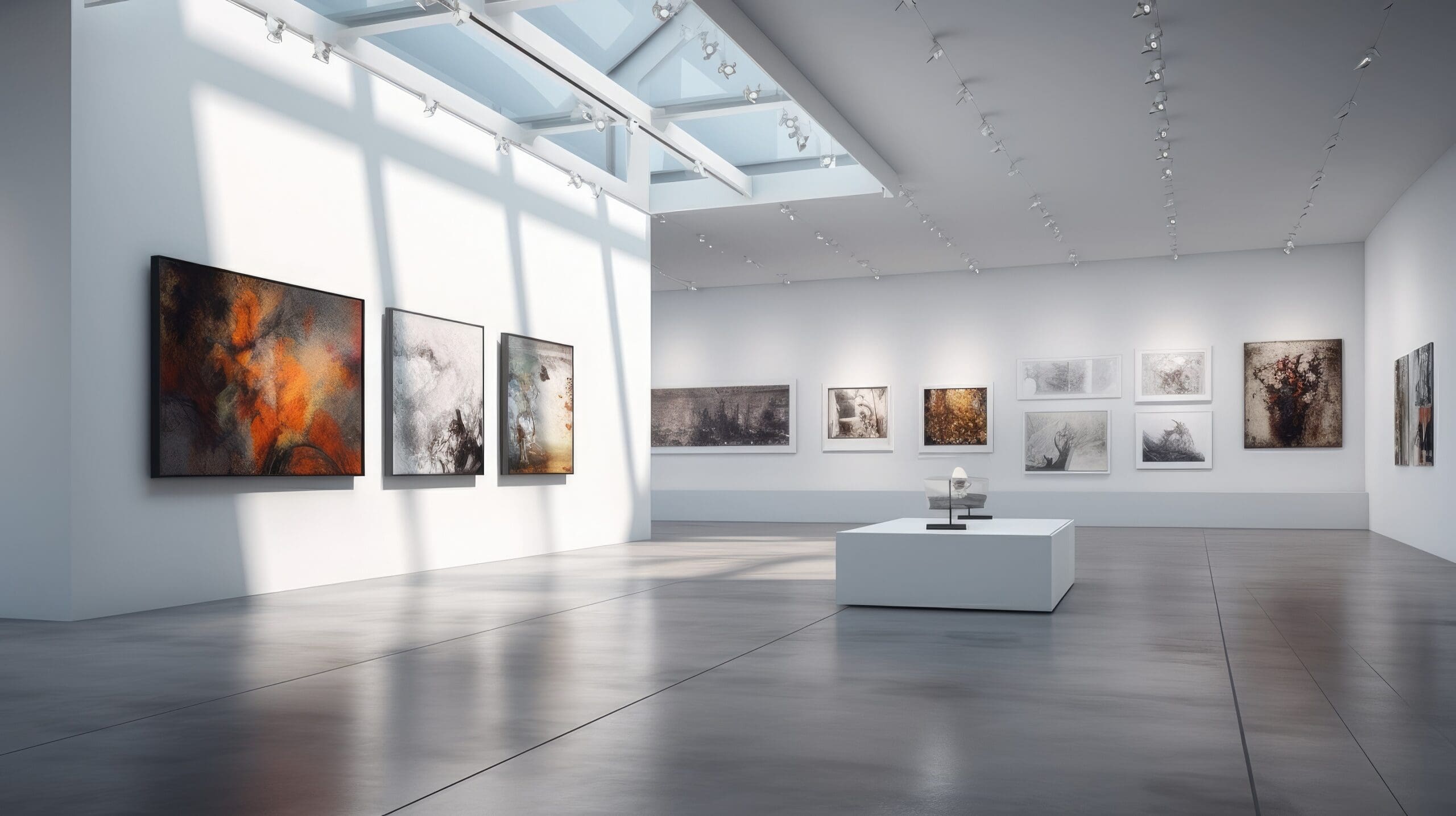 nterior view of a modern art gallery with paintings on display