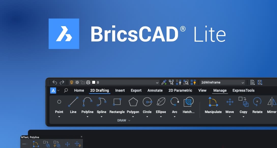 BricsCAD Lite interface displaying 2D drafting tools