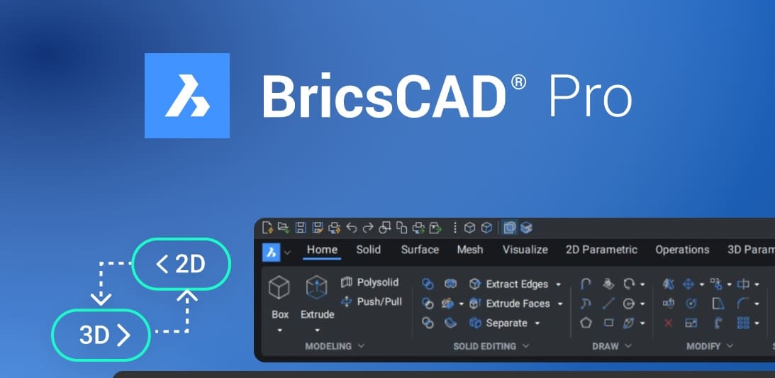 BricsCAD Pro logo with text highlighting professional 2D and 3D CAD drafting and modeling software.
